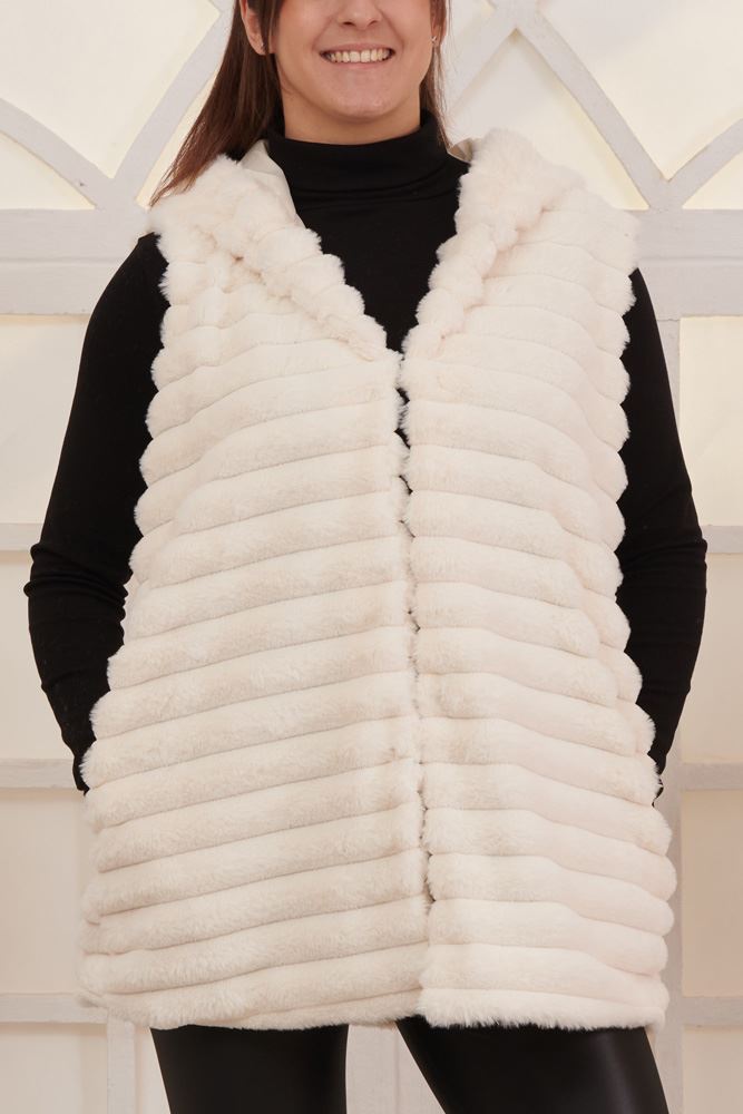 Stripe Pattern Faux Fur Zip Up Hooded Gilet