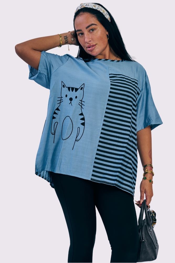 Stripe Colour Block Cat Print Cotton Top