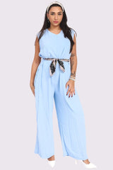 Plain Belted Pockets Wide Leg Jumpsuit