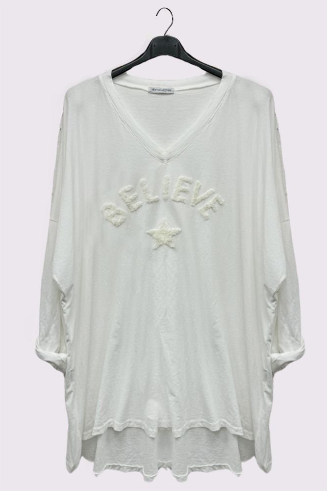 Believe' Star Embroidered Long-Sleeve Top