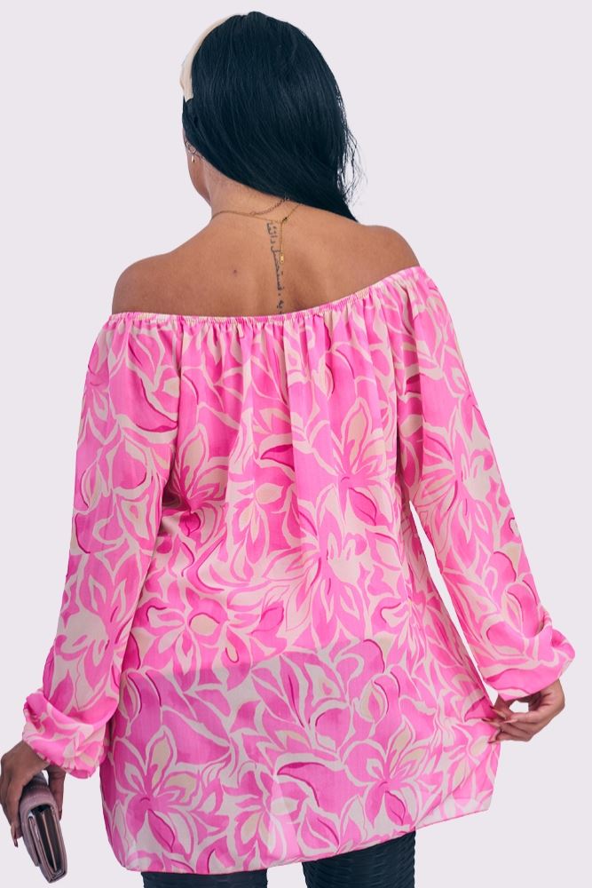 Flower Print Drawstring Neck Tunic Top