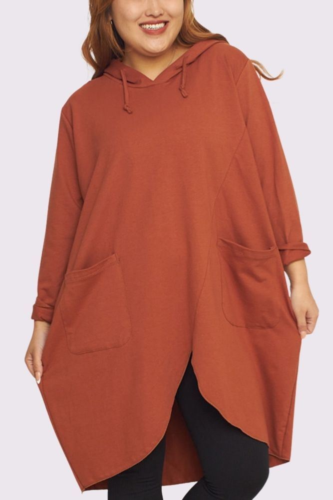 Oversized Front Pockets Cut Out Hem Cotton Hooded Top