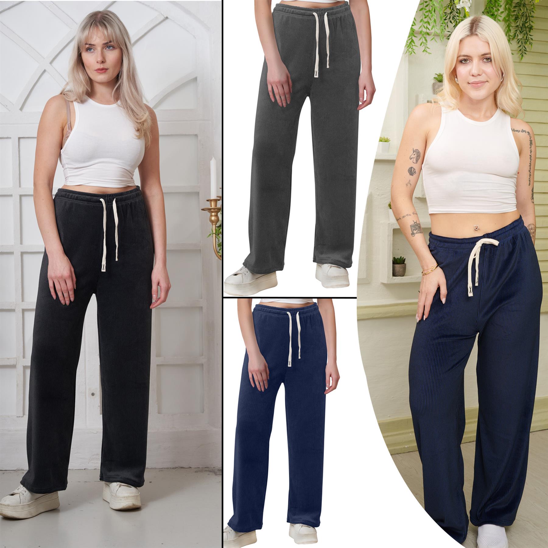 Plain Ribbed Wide Leg Trousers