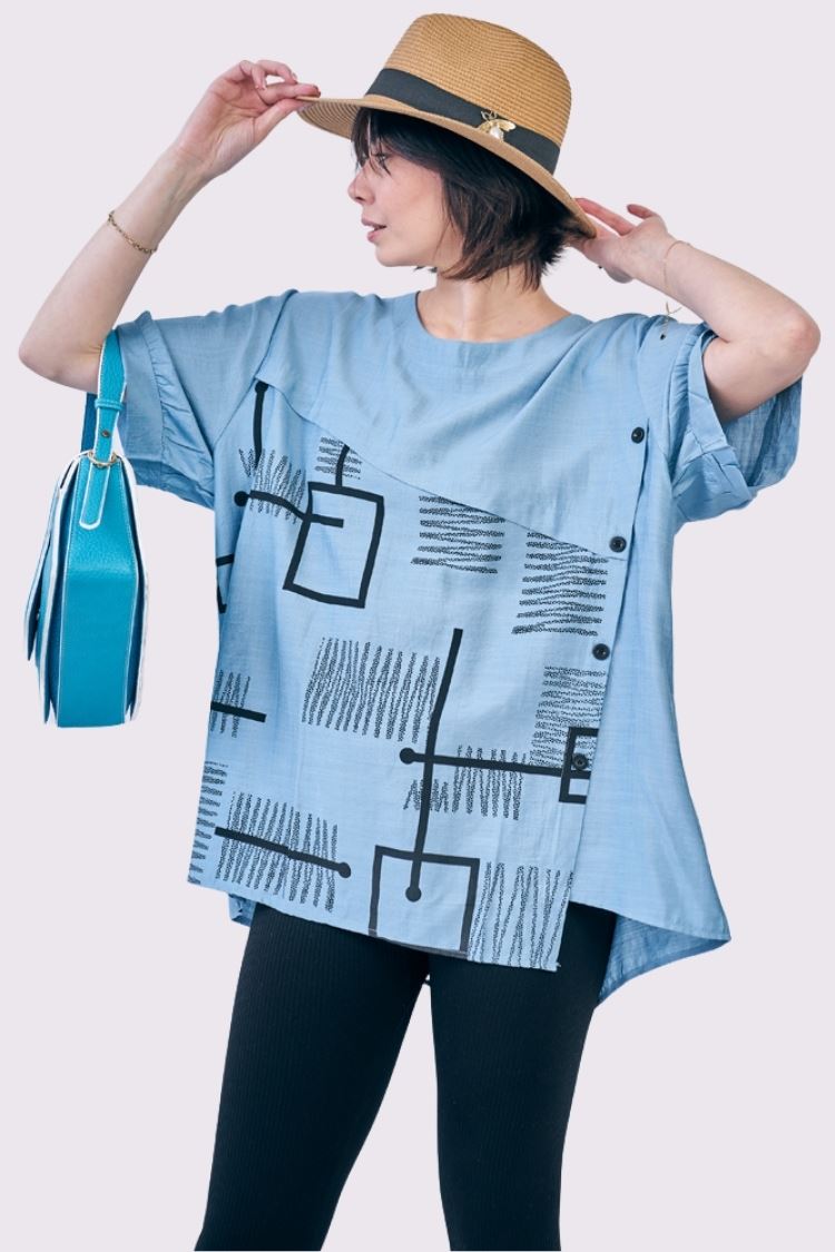 Abstract Block Print Side Button Detail Cotton Top