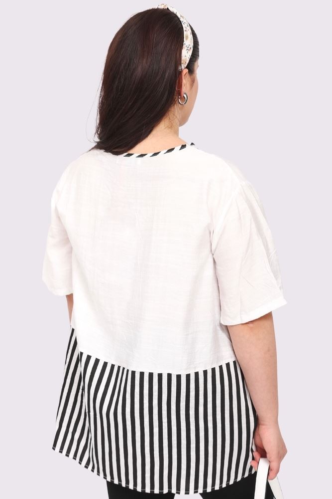 Stripe Colour Block Cat Print Cotton Top