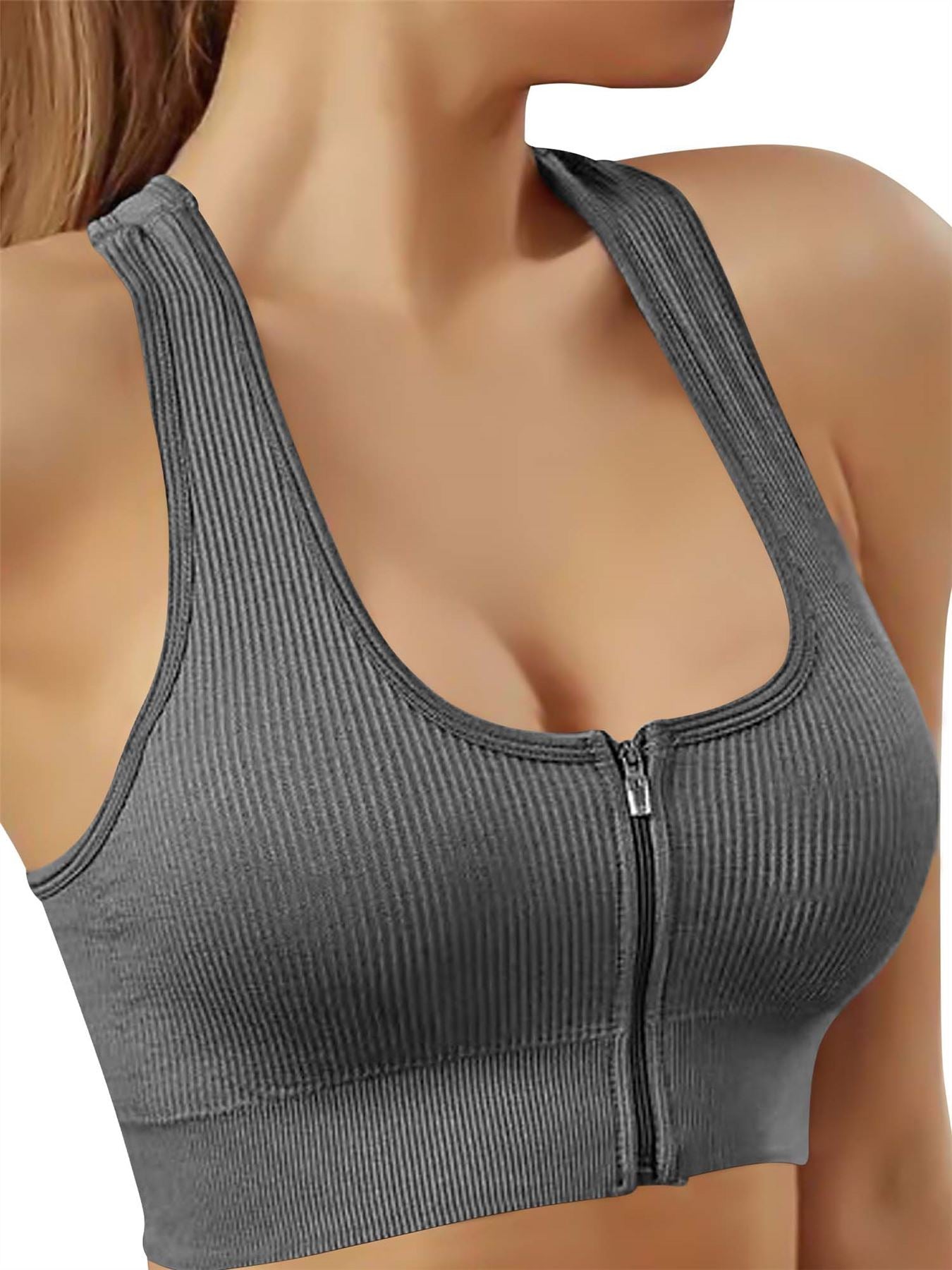 Plain Seamless Ribbed Front Zip Bra