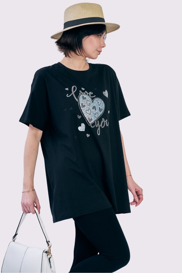 Sequin Diamante Love Heart Pattern Cotton Top