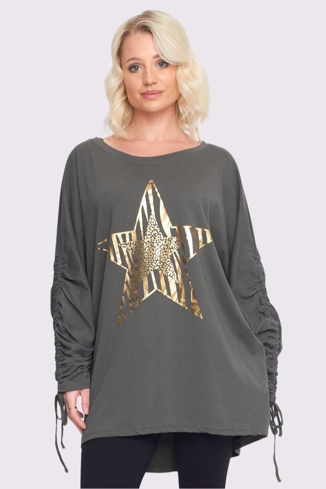 Foil Star Pattern Ruched Sleeve DipHem Oversized Cotton Top