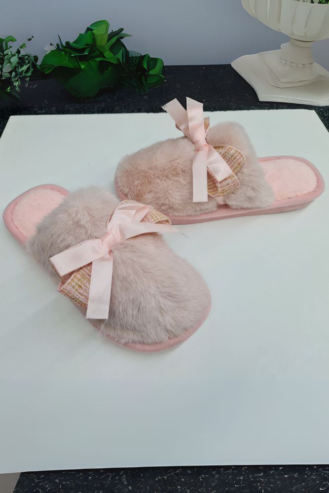 Bow Ribbon Details Faux Fur Slipper