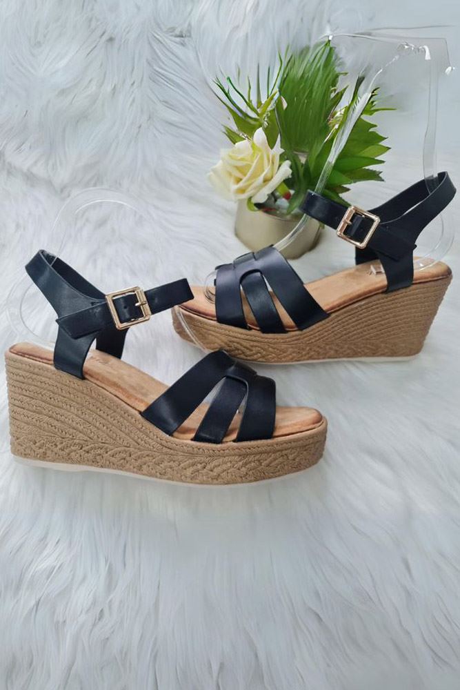 Thread Fastening Wedge Heel Ankle Buckle Strap Sandal