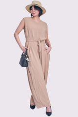 Plain Belted Pockets Wide Leg Jumpsuit