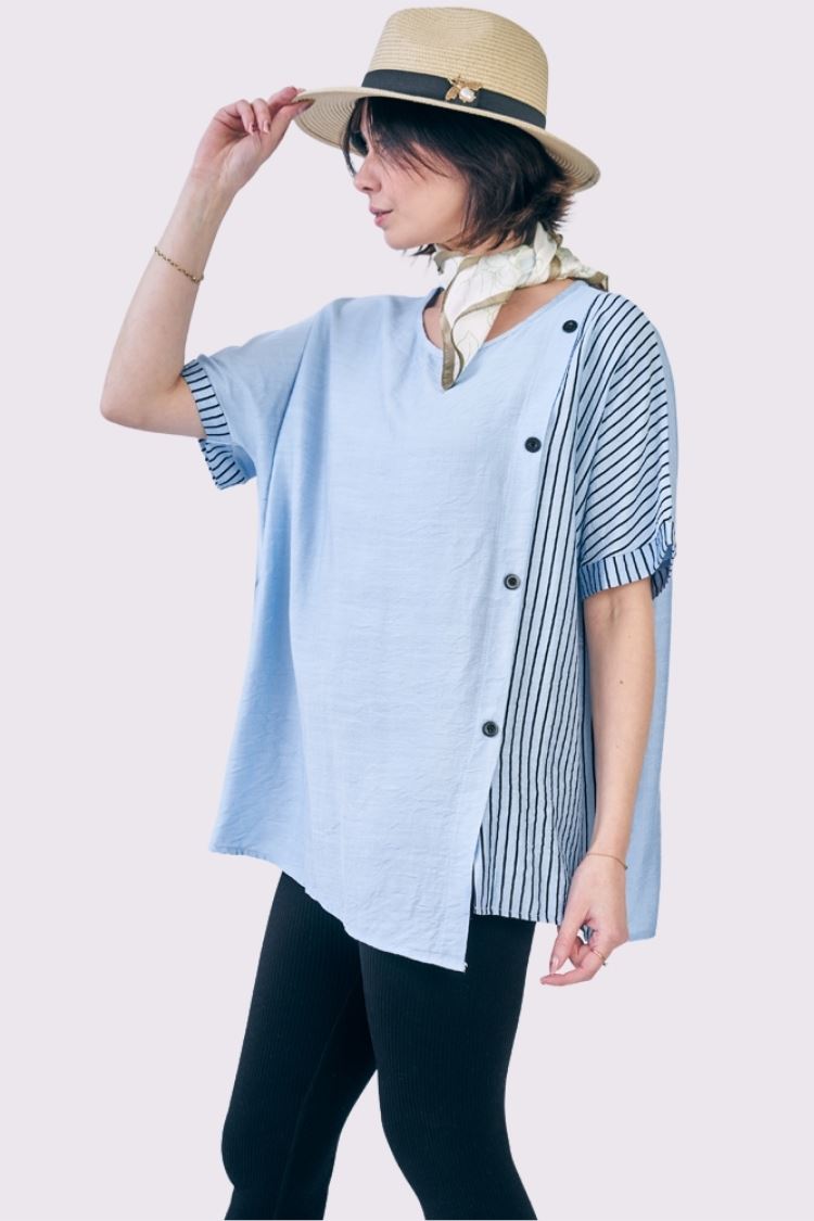 Stripe Print Side Button Detail Cotton Top