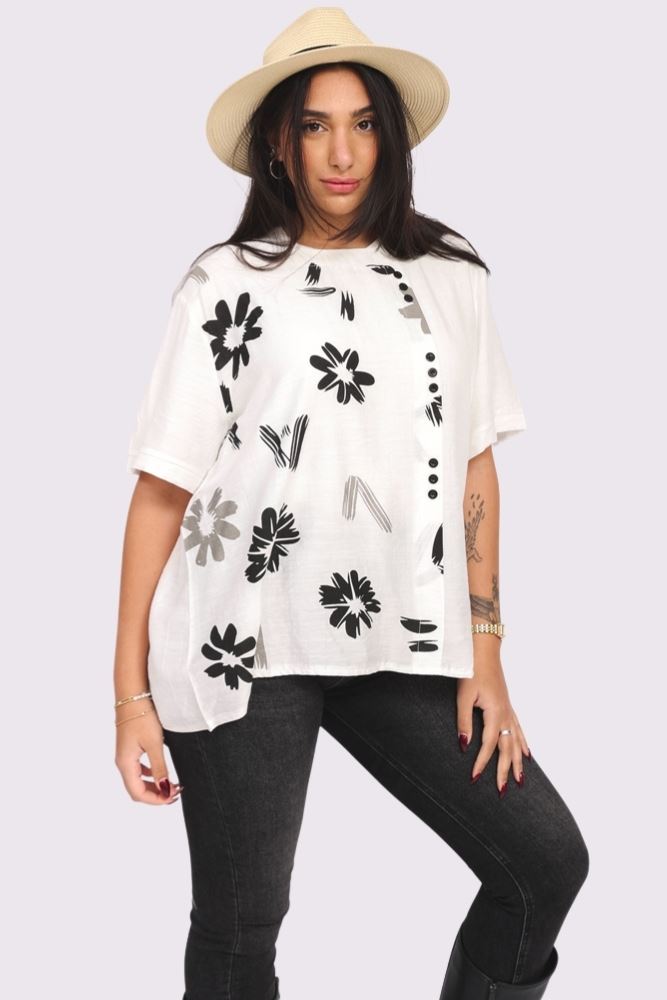 Brush Stroke Flower Print Patch Button Detail Cotton Top