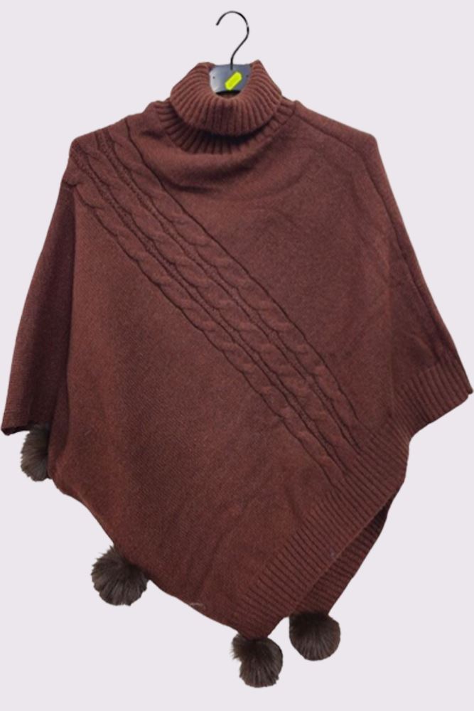 Cable Knit Strip Pom-Pom Poncho