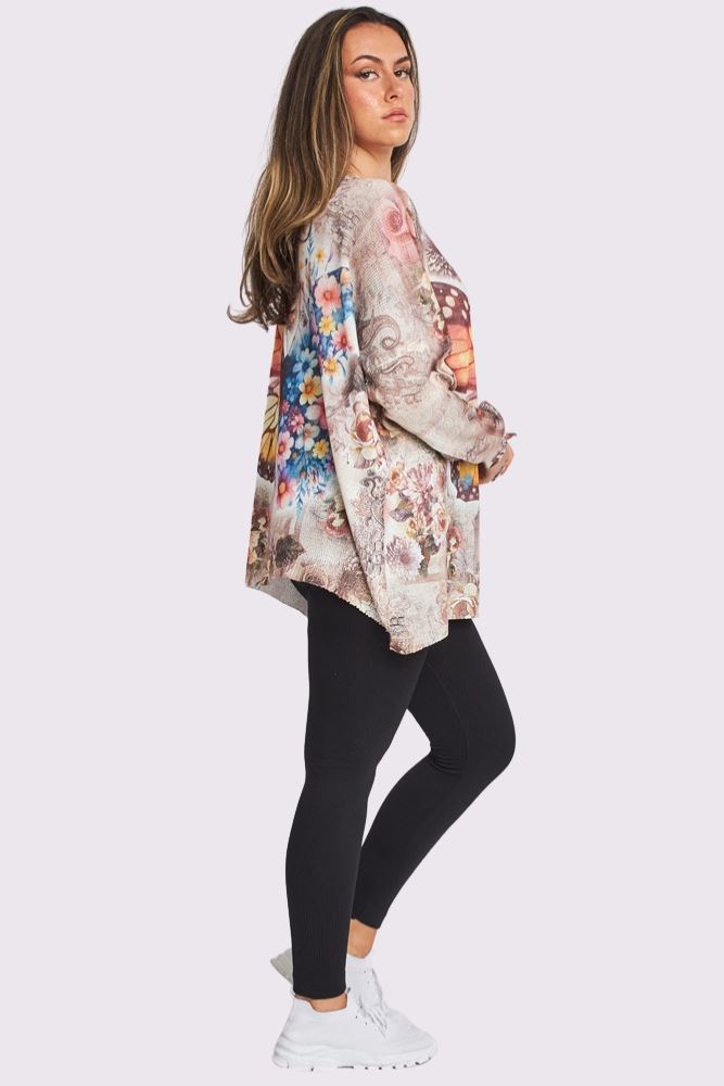 Butterfly Multi Flower Print Knit Style Oversized Top