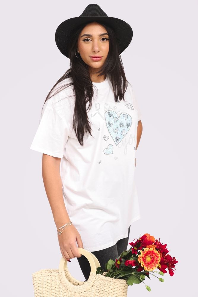 Sequin Diamante Love Heart Pattern Cotton Top