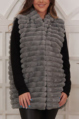 Stripe Pattern Faux Fur Zip Up Hooded Gilet