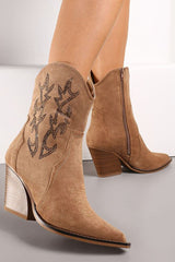 Suede Diamante Heel Zip Up Cowgirl Boot