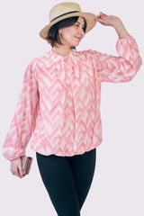 Abstract Print Balloon Sleeve Pleated Top