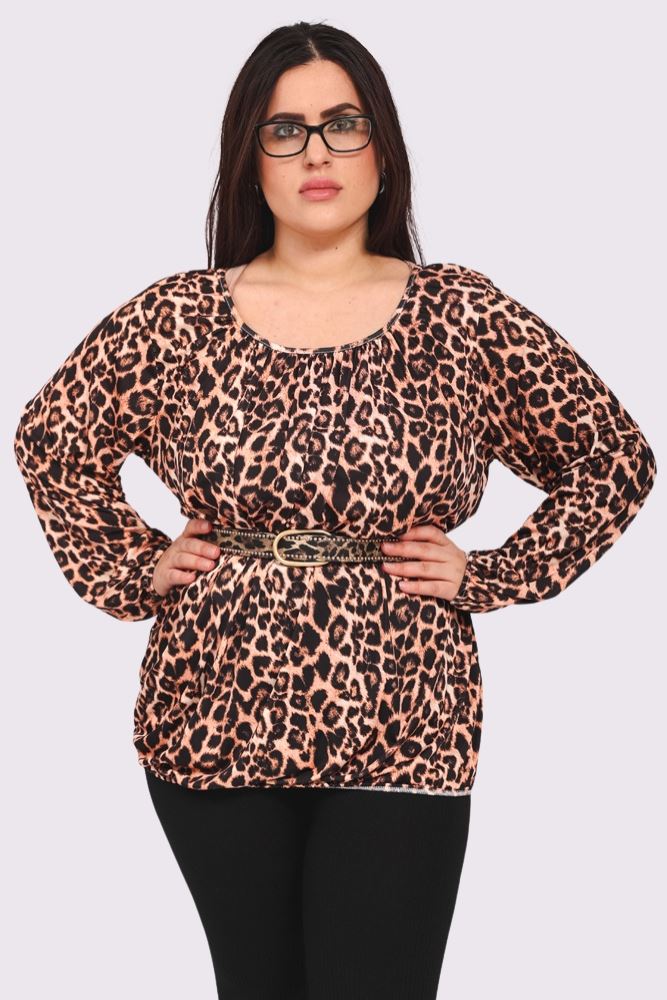 Leopard Print Pleated Elastic Hem Top