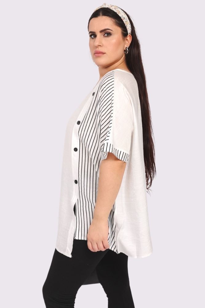 Stripe Print Side Button Detail Cotton Top