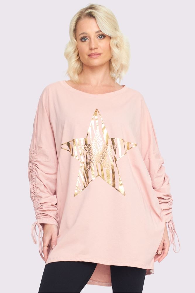 Foil Star Pattern Ruched Sleeve DipHem Oversized Cotton Top