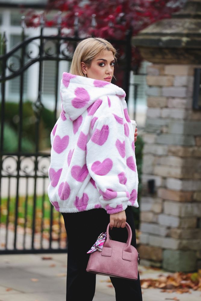 Heart Print Zip Up Soft Feel Faux Fur Hoody