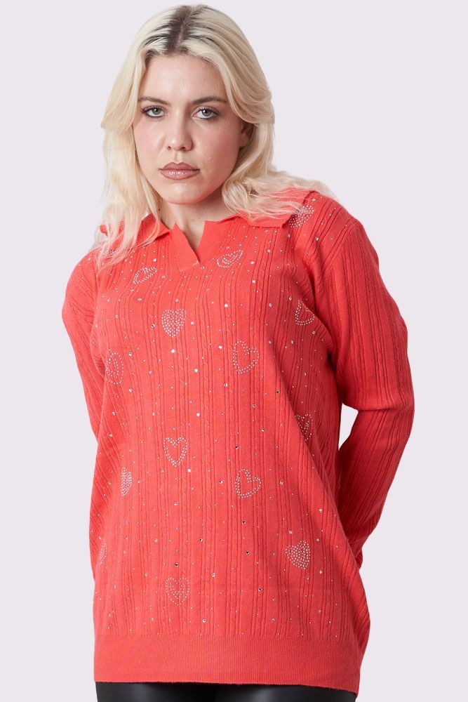 Diamante Heart Pattern Knitted Jumper