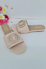 Leather Rhinestone Buckle Flat Slider