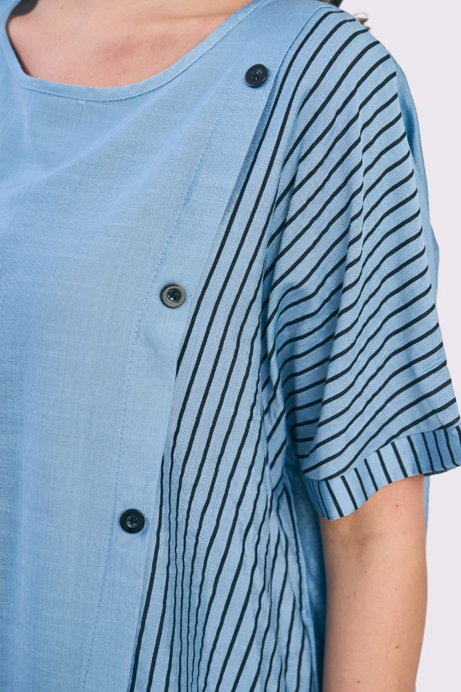 Stripe Print Side Button Detail Cotton Top