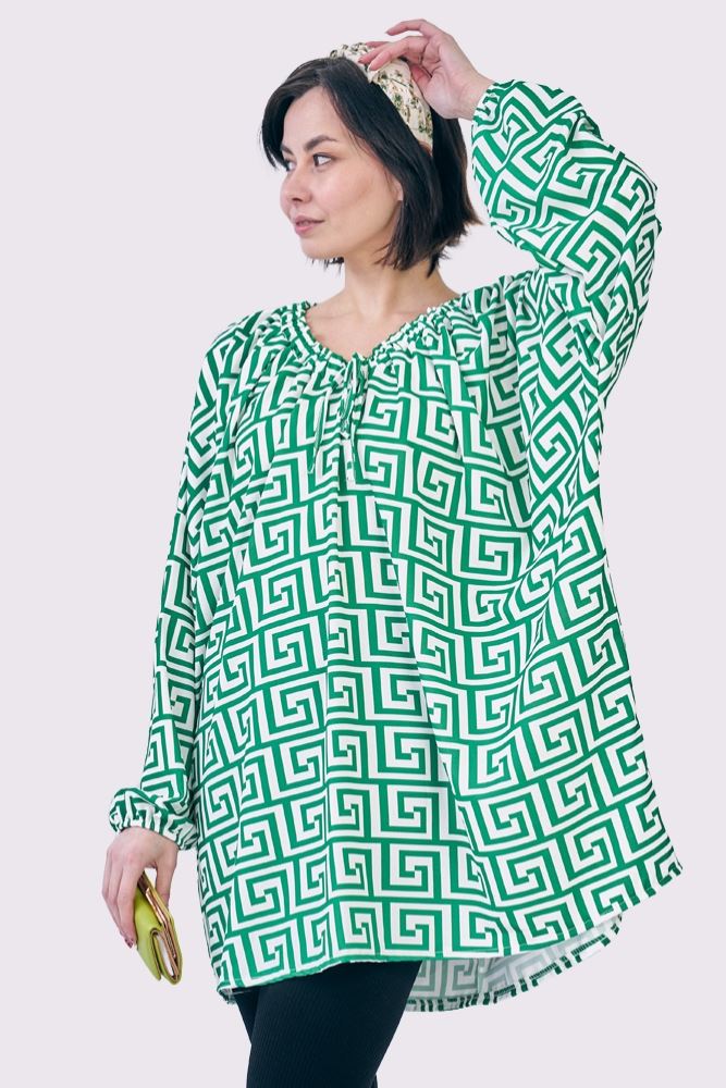 Greek Key Print Oversized Drawstring Neckline Top