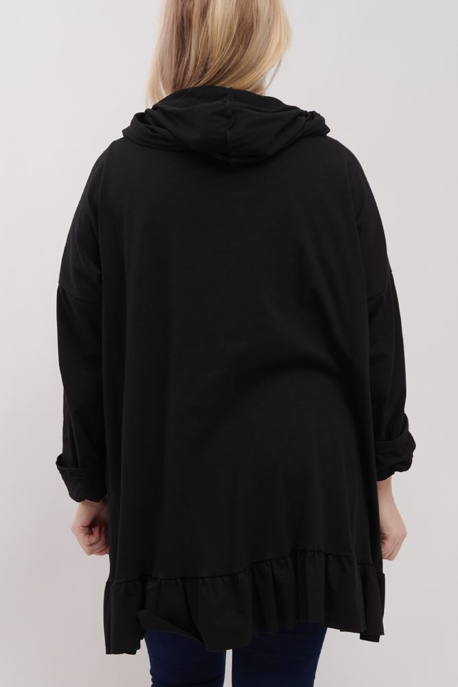 Plain Frill Hem Cotton Hoody