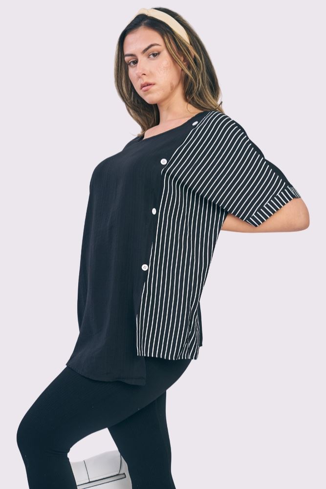 Stripe Print Side Button Detail Cotton Top