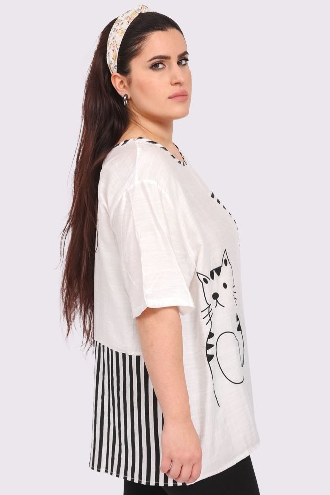 Stripe Colour Block Cat Print Cotton Top