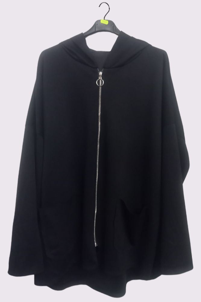 Oversized Zip Closure Dip Hem Hooded Jacket