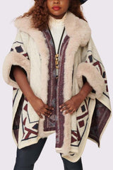 Geometric Print Faux Fur Poncho