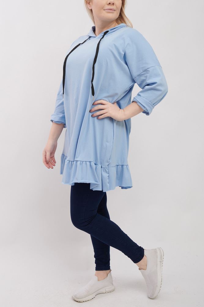 Plain Frill Hem Cotton Hoody