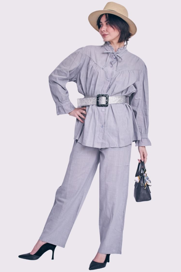 Plain Collar Button Up Cotton Co-Ord Set