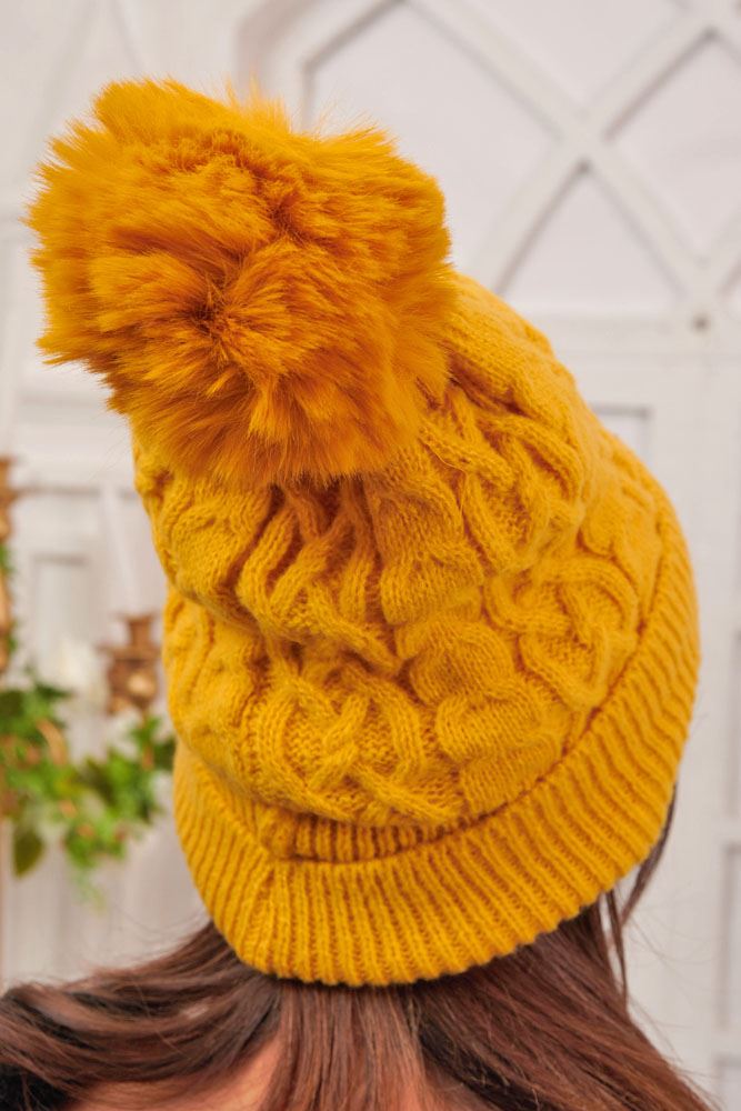 Beanie Cable Knit Pattern PomPom Acrylic Hat