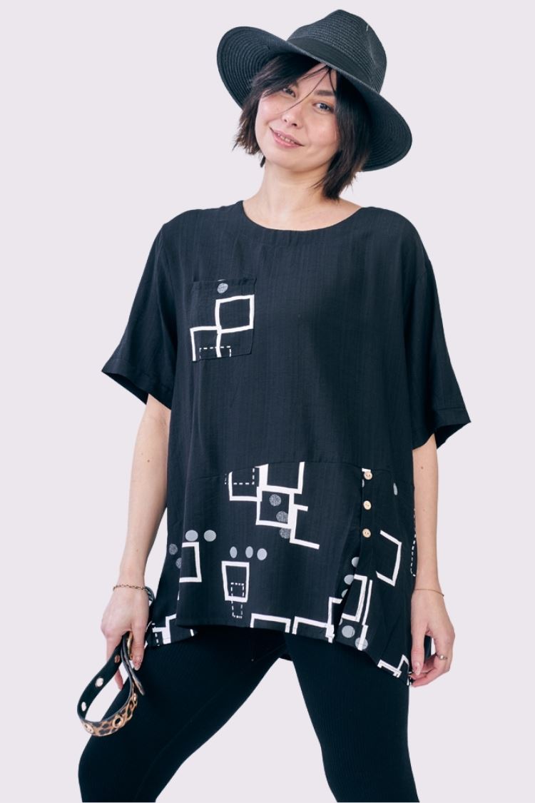 Abstract Print Panelled Button Detail Pocket Cotton Top