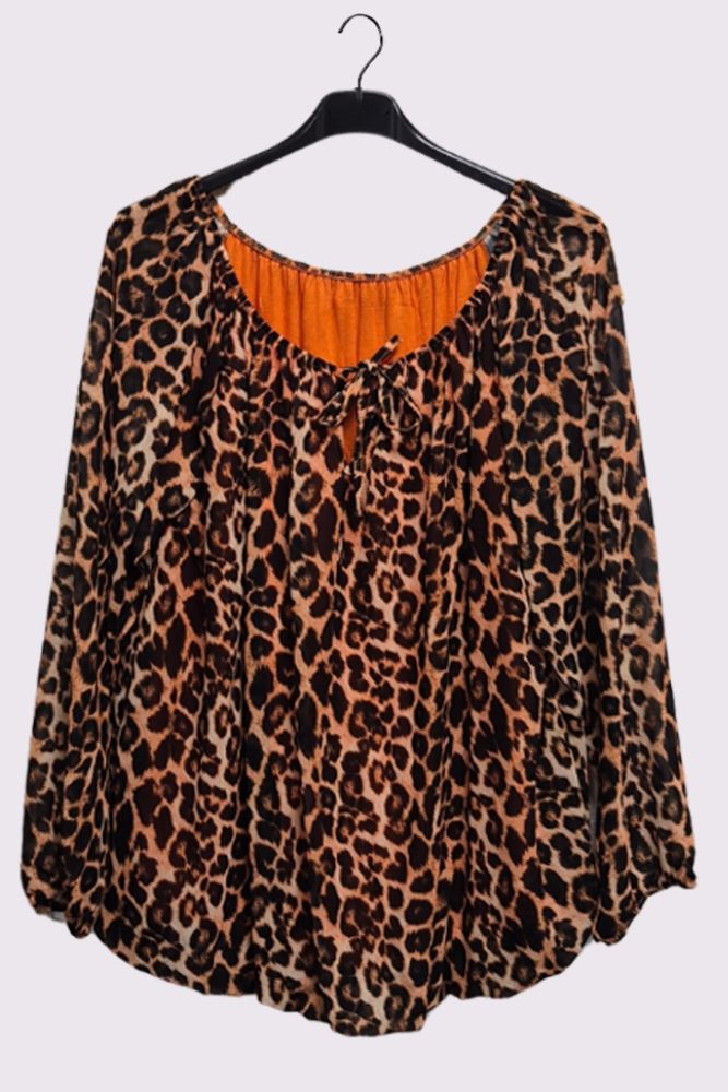 Leopard Print Oversized Drawstring Neckline Top