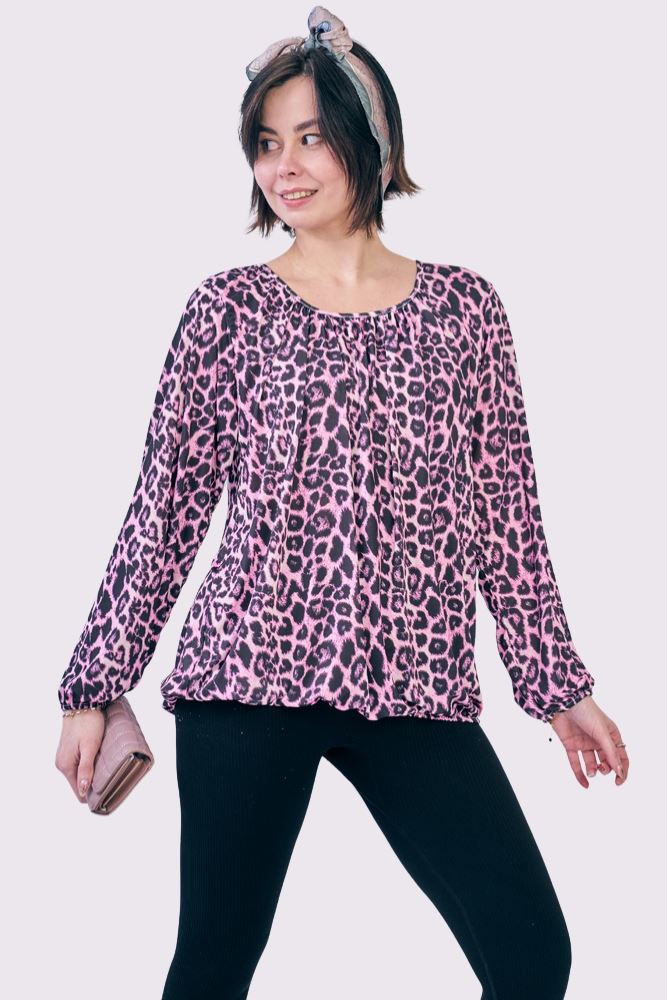 Leopard Print Pleated Elastic Hem Top