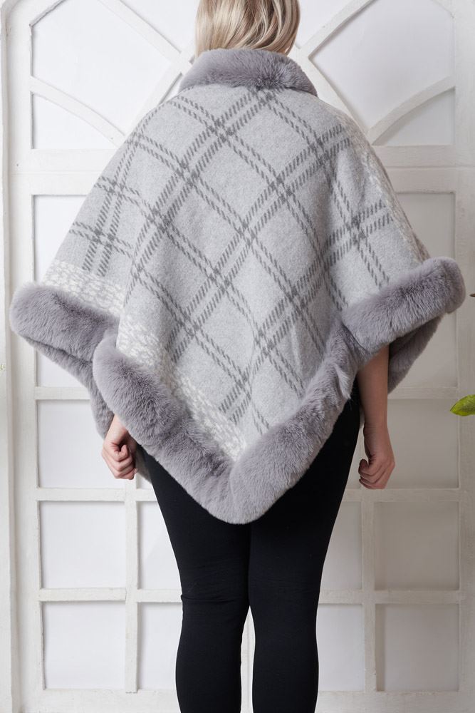 Check Pattern Faux Fur Viscose Poncho