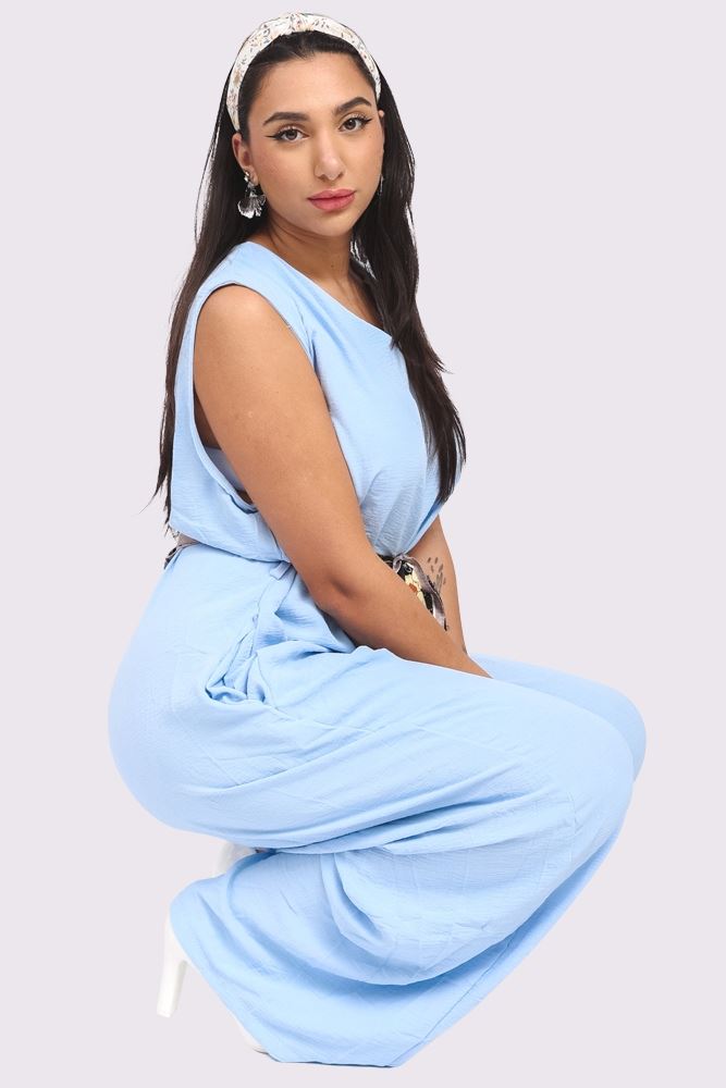 Plain Belted Pockets Wide Leg Jumpsuit