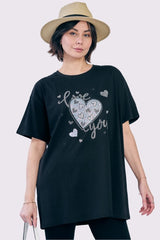 Sequin Diamante Love Heart Pattern Cotton Top