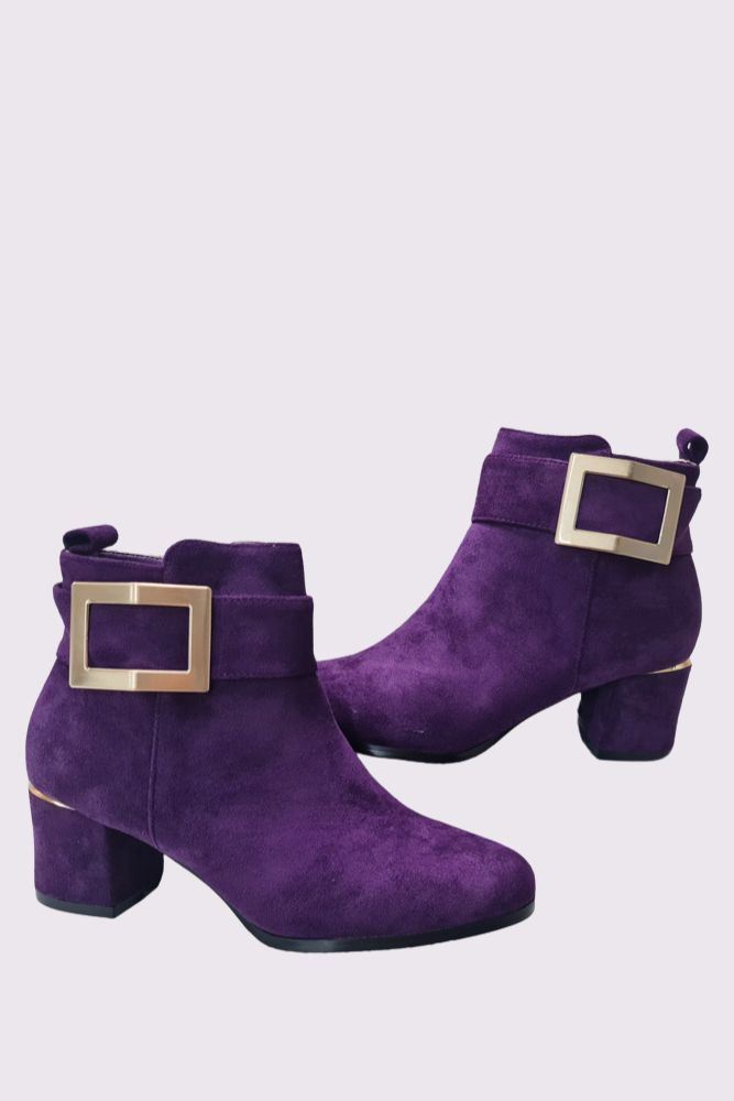 Suede Side Buckle Block Heel Ankle Boot