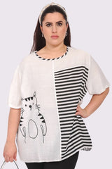 Stripe Colour Block Cat Print Cotton Top