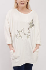 Sequin Star Pattern Pockets Cotton Top