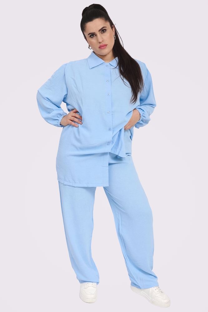 Plain Collar Button Up Elasticated Waist Co-Ord Set