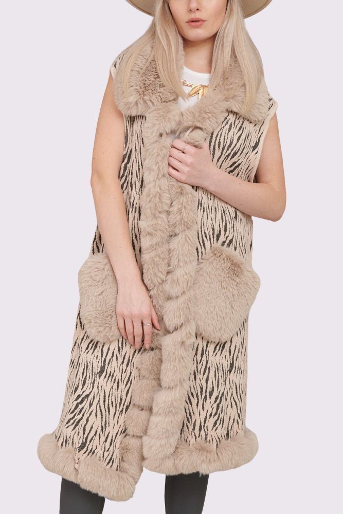 Zebra Print Faux Fur Pocket Cardigan